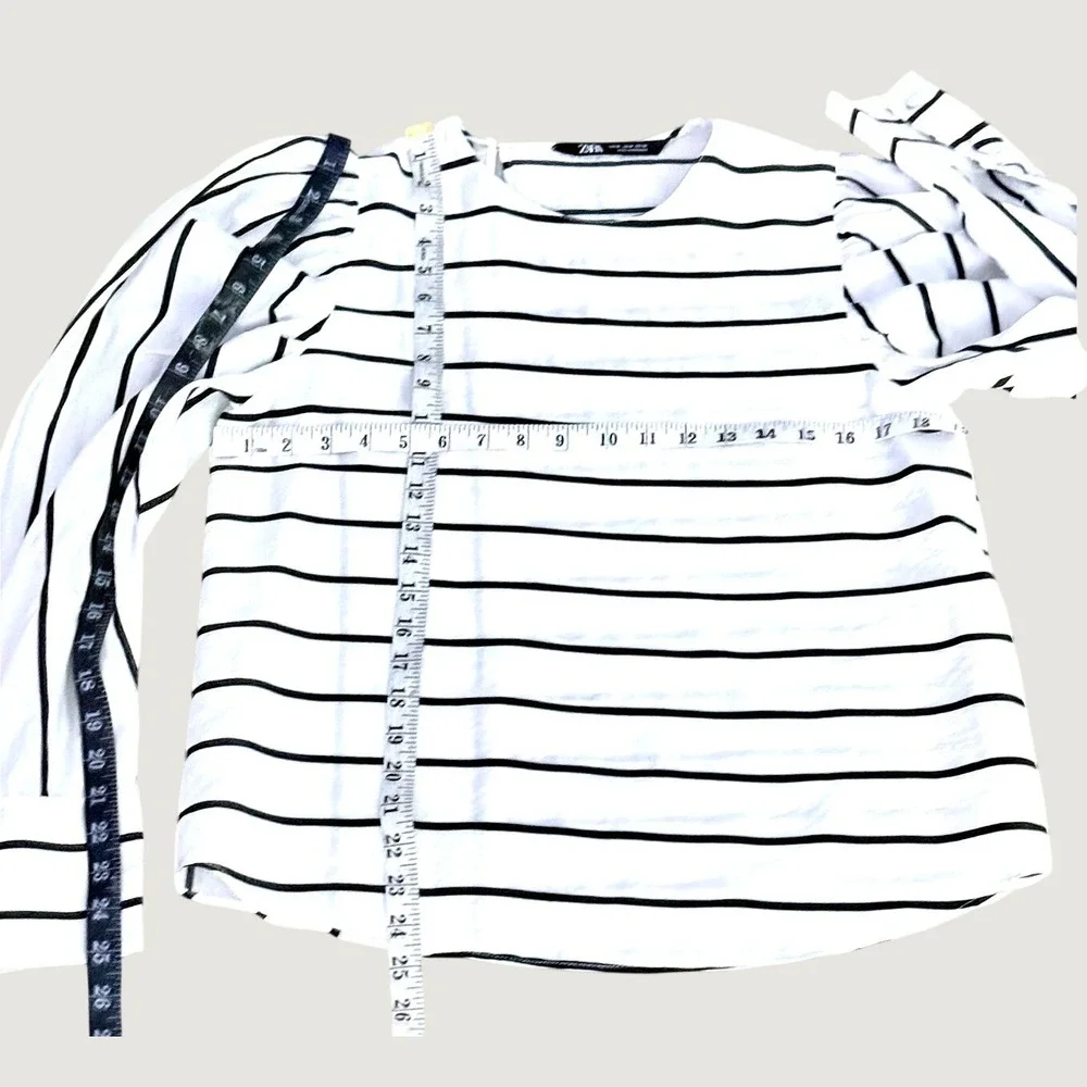 Zara Striped Puff Sleeve Blouse White Black Size Medium Cotton Blend Top